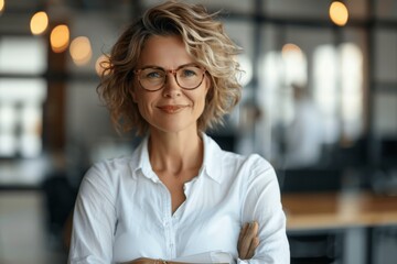 Middle aged businesswoman with short curly hair wearing glasses smiling in office