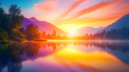 Fototapeta premium A vibrant sunrise over a quiet lake reflecting a new day symbolizing fresh hopes and possibilities ahead