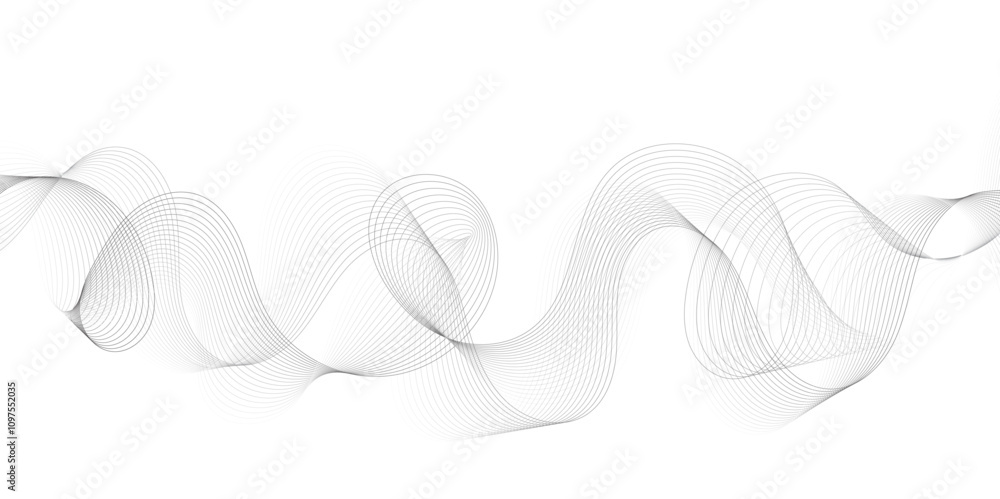 Poster Abstract grey, white smooth element swoosh speed wave modern stream background. Wave with lines created using blend tool. Abstract frequency sound wave lines and twisted curve lines background.	