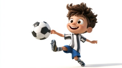 A cheerful cartoon boy playing soccer, showcasing joy and enthusiasm for sports.