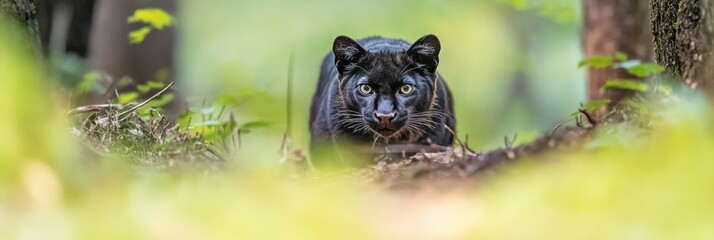 Fototapeta premium A stealthy black panther prowls through a forest, blending with its surroundings.