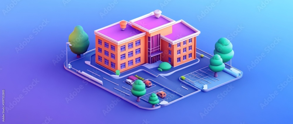 Poster a colorful 3d illustration of a modern building with trees and parking spaces.