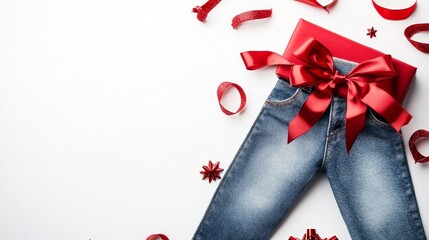 Jeans isolated on white Christmas background with bow ribbon present with copyspace for your text advertising photography