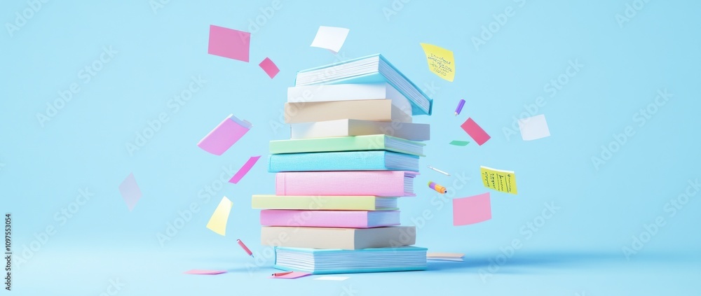 Aufkleber a stack of colorful books surrounded by floating notes and stationery items.