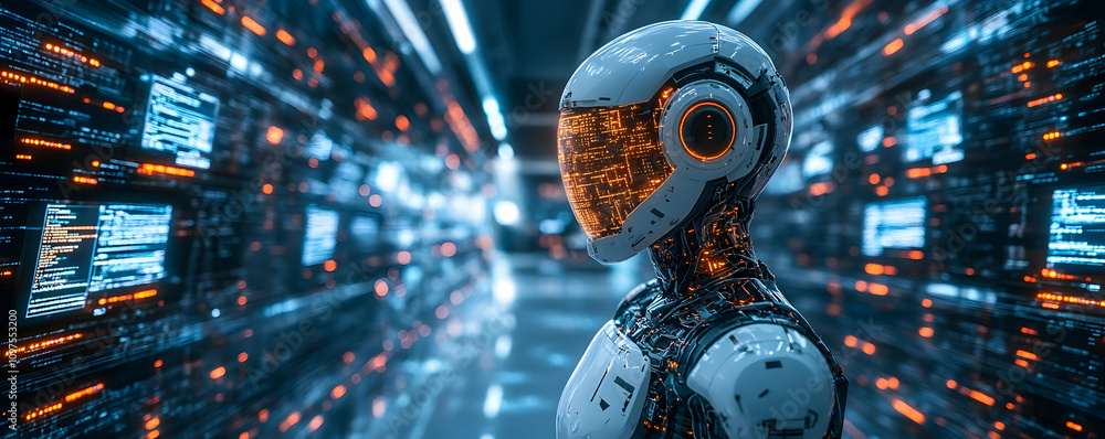 Poster futuristic robot amidst streaming digital code data