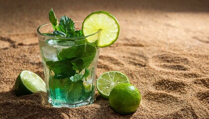 ミントとライムが輝くモヒート、砂の質感が鮮やかさを際立たせる
