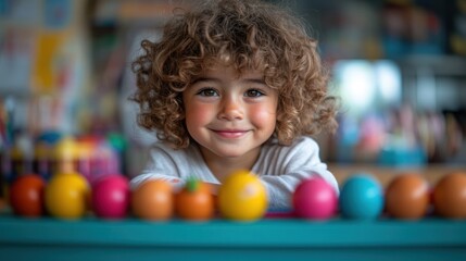Fototapeta premium Adorable Curly-Haired Toddler Smiles Amidst Colorful Toys