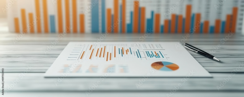 Poster a business report featuring colorful charts and graphs on a wooden desk, alongside a pen, illustrati