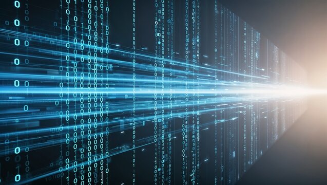 Futuristic data stream with binary code and glowing lines. The concept of modern computer technologies