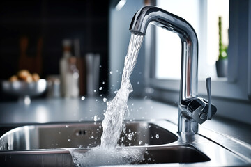 close up of a kitchen faucet with a strong stream of water flowing from it