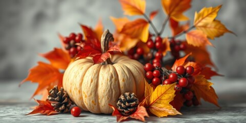 Autumnal Still Life Featuring a Creamy Pumpkin with Colorful Leaves and Berries