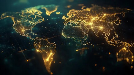 A luminous world map with interconnected points and glowing lines spreading across continents, highlighting global trade and networks, captured with a professional, futuristic vibe in blue and golden