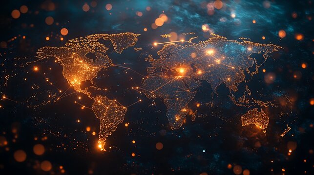 A luminous world map with interconnected points and glowing lines spreading across continents, highlighting global trade and networks, captured with a professional, futuristic vibe in blue and golden