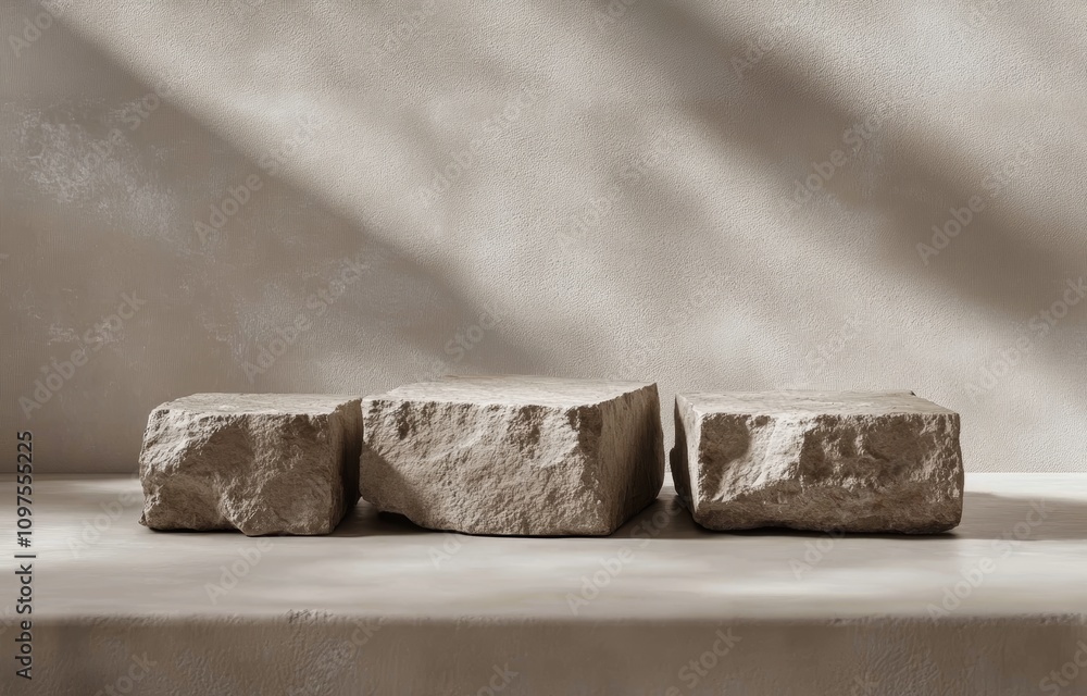 Poster stone block display on light beige background for product showcase minimalist design