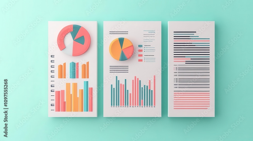 Poster colorful data visualizations featuring bar graphs and pie charts against a mint green background, re