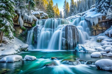 A winter waterfall cascades over icy rocks into a turquoise pool, surrounded by snowy trees and mountains.