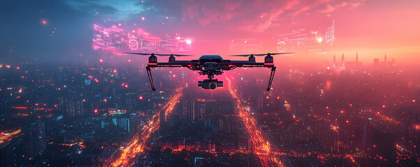 Drone Flying Over Night Cityscape Showing Digital Data