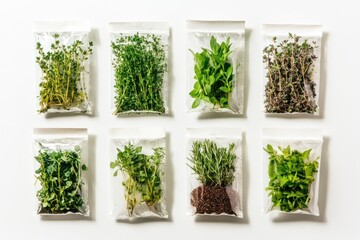 Herb seed packets for indoor and outdoor gardens, on solid white background, 