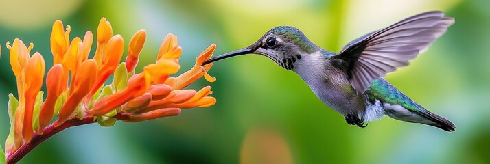 Fototapeta premium A hummingbird hovering near vibrant orange flowers, capturing nature's beauty and interaction.