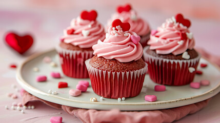 Valentine's Day Cinema Magic: A vibrant red wall with a table set for Valentine's Day at the cinema, featuring striped containers with caramel popcorn, heart ornaments, and sprinkles.