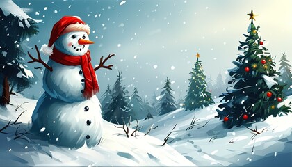 Obraz premium Merry christmas and happy new year greeting card with snowman in a winter fairytale snowy landscape and festive cheer
