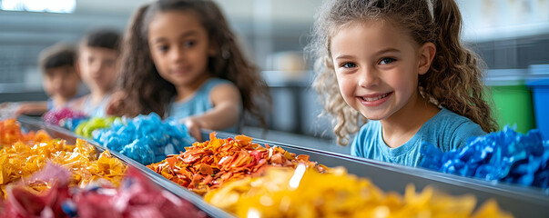 Happy girl smiling near colorful recycled materials