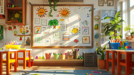 An engaging classroom scene with a whiteboard displaying a collage of preschool artwork, including crayon and marker creations, in a bright, well-lit room.
