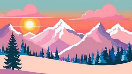 Gardinen A serene snowy mountain landscape at sunrise, soft pink and orange hues in the sky, snow-covered peaks, and a lone pine tree in the foreground. © Prateek