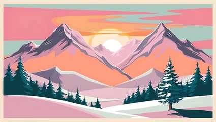 Gardinen A serene snowy mountain landscape at sunrise, soft pink and orange hues in the sky, snow-covered peaks, and a lone pine tree in the foreground. © Prateek