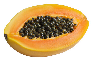 Sweet golden papaya with soft flesh and black seeds cut in half isolated on transparent background