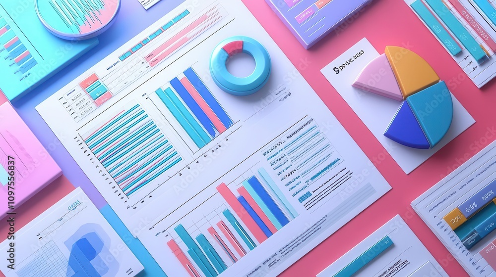 Poster a colorful layout featuring various charts, graphs, and data visualizations on a pink background, em