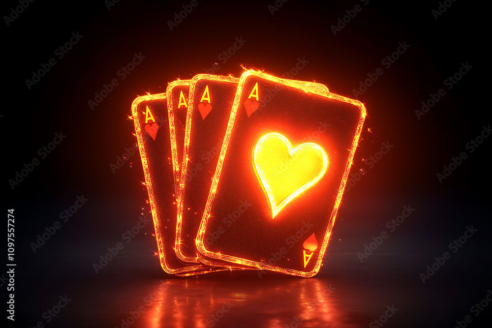Poster a glowing set of four ace playing cards with a heart symbol, creating a fiery effect.