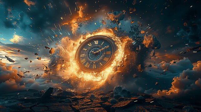 surreal fantasy clock explosion in magical space-time background