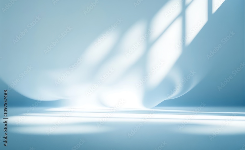 Poster minimalist abstract light patterns on a soft blue gradient background for serene product presentatio