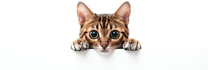 A playful cat with large eyes peeking over a surface, evoking curiosity and cuteness.