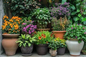 Outdoor plants in garden pots, adding color and greenery to the backyard 