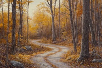Fototapeta premium Serene autumnal forest path winding through golden foliage, sunlight filtering through trees. Perfect for fall, nature, and travel themes.