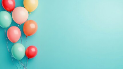 Colorful balloons in various shades against a bright blue background for festive occasions.
