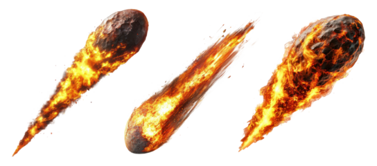 Set of Fiery meteors in motion with flames and trails isolated on transparent background