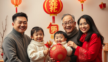 Chinese family celebrating Chinese lunar new year. Christmas concept.