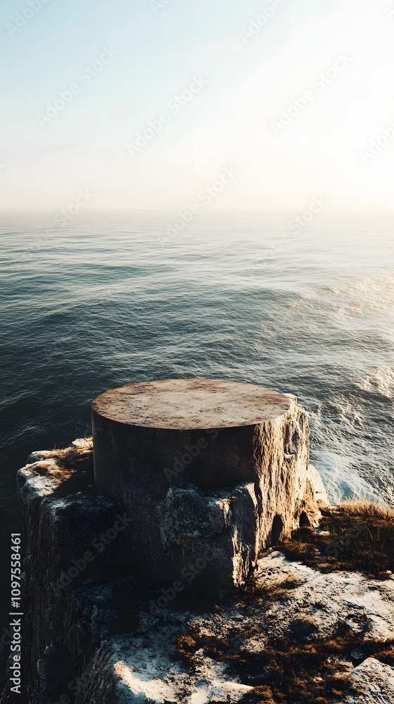 Poster 29. a quiet cliffside with a stone podium placed at the edge, the vast ocean below and the setting s