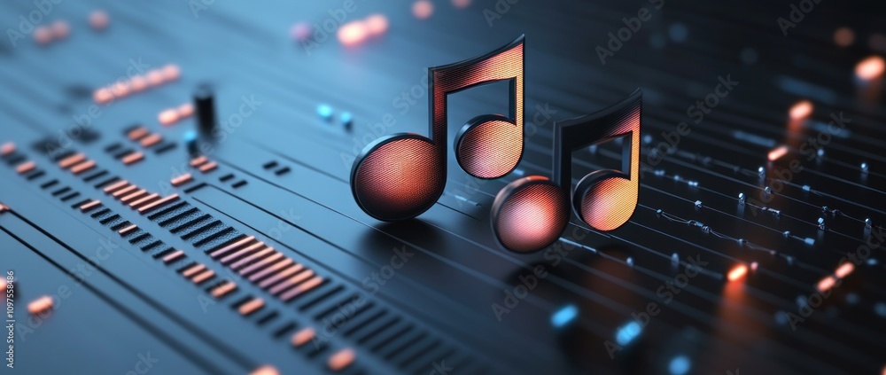 Poster a digital representation of music notes on a circuit-like background, symbolizing technology and sou