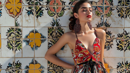 Mexican model in contemporary dress, standing against wall with intricate Talavera tiles - Modern and cultural, bright natural light