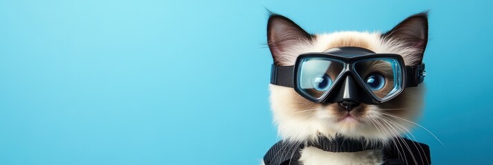 Fototapeta premium A cat wearing scuba gear against a blue background, showcasing a playful and humorous vibe.