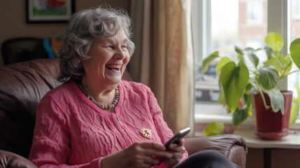 A joyful senior woman sits comfortably in her cozy living room, laughing while using her phone. 