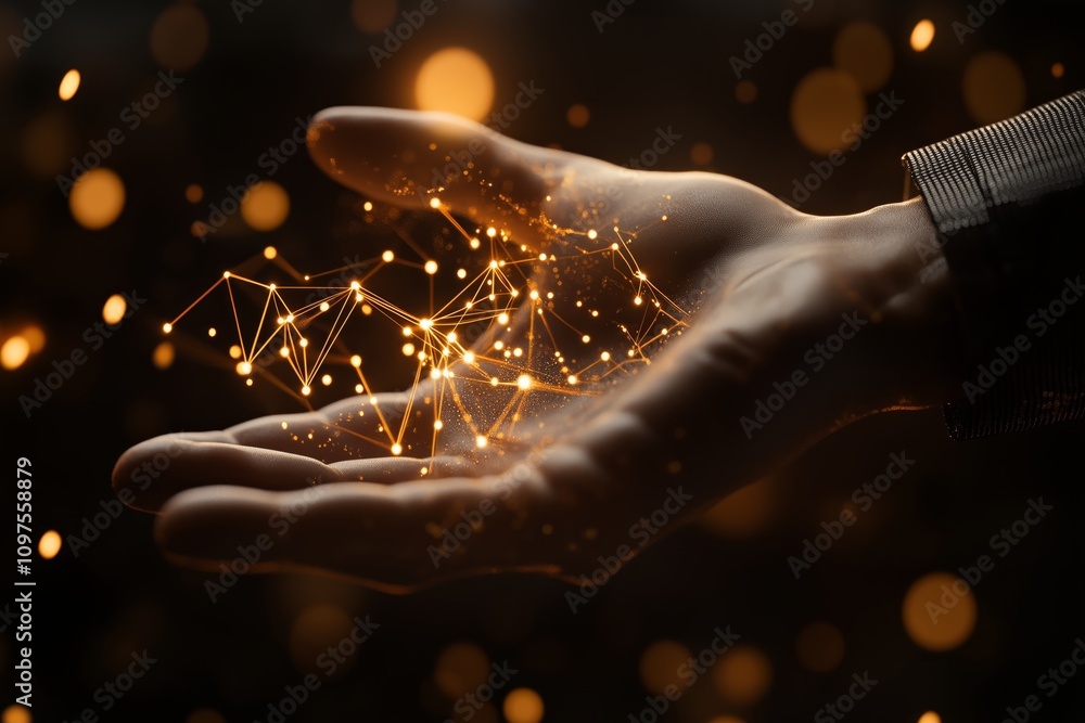 Poster businessman interacts with floating 3d network visualization