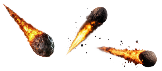 Set of Fiery meteors in motion with flames and trails isolated on transparent background