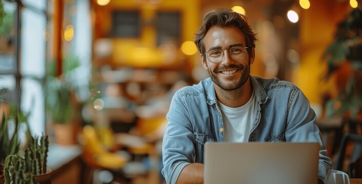 Smiling man holding laptop on yellow background digital remote work lifestyle