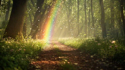 Fototapeta premium Colorful rainbow shines through a serene forest path surrounded by blooming flowers
