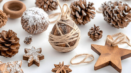 Rustic Christmas Decorations with Pinecones, Wooden Stars, and Natural Ornaments on White Background
